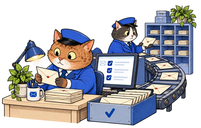 EmailValidly cats checking envelopes in their mailroom